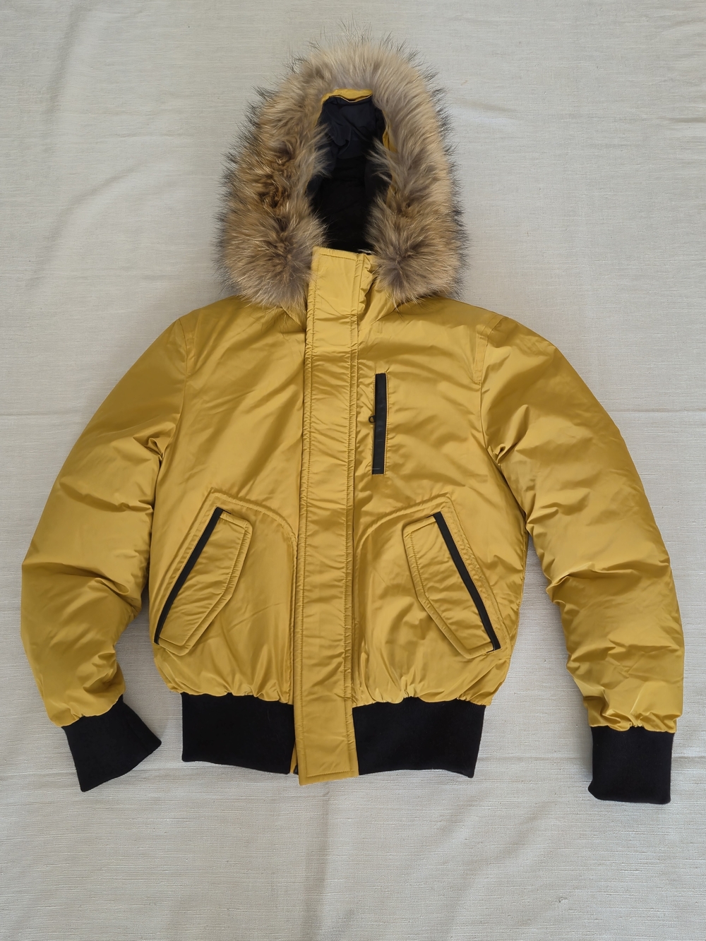 Mackage Luxury Yellow Down Bomber Jacket Fur Fur-Trim Hood, 36